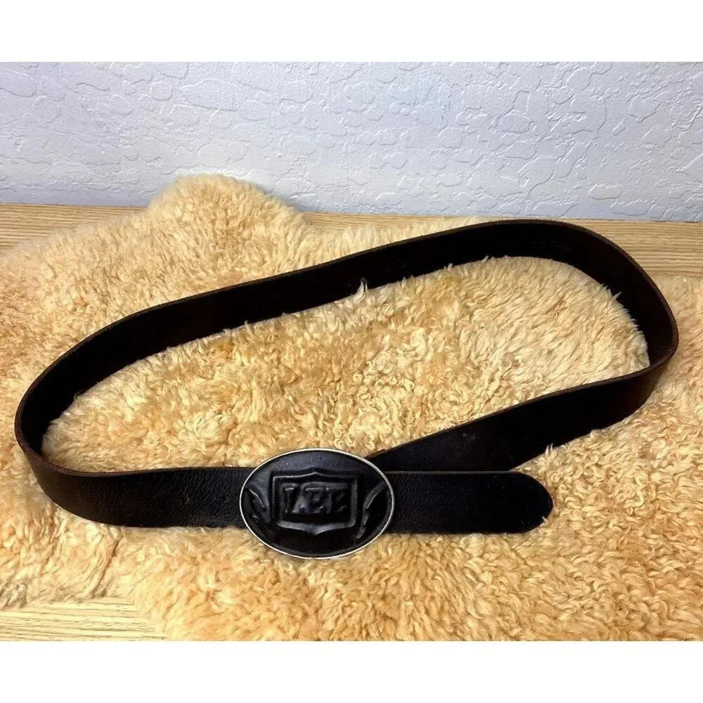 Lee Cowboy Brown Leather Belt With Oval Metal Buckle Made In Italy